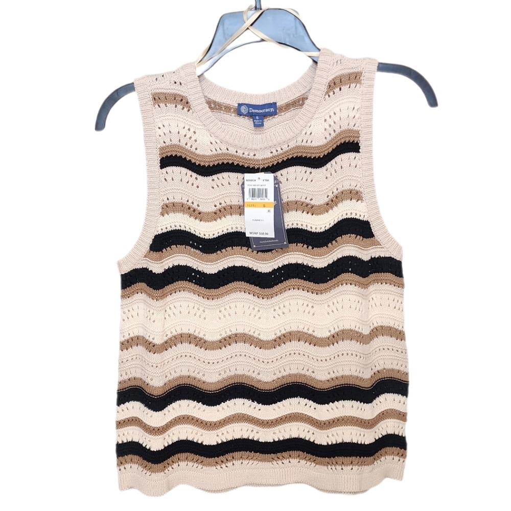 Democracy Wavy Strip Crochet Stitch Cotton Sleeveless Sweater Tank Top Size S